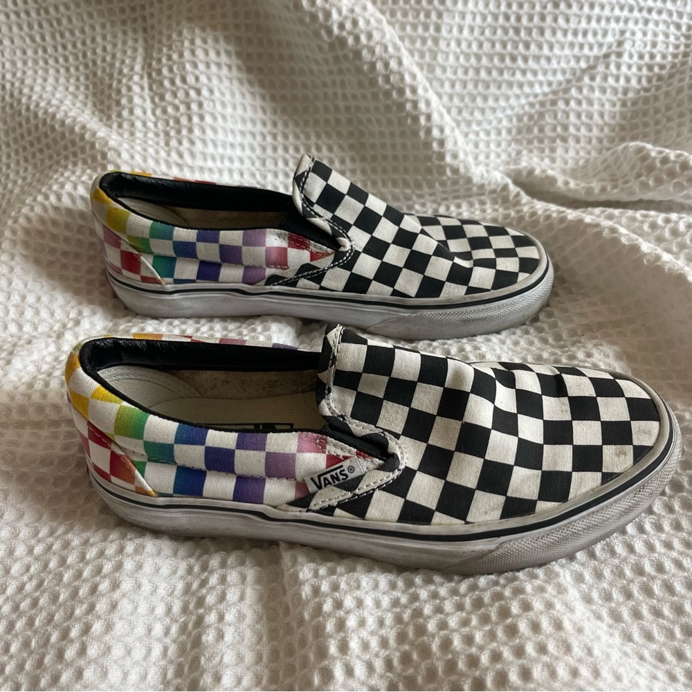 Vans Black & White & Rainbow Checkered Slip Ons